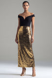 Off the Shoulder Sequin Colorblock Black and Gold Evening Dress