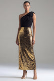 One Shoulder Bowed Sequin Colorblock Black and Gold Formal Dress