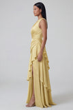 Yellow Tiered One Shoulder Ruffled Formal Dress with Slit