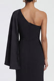 One Shoulder Black Mermaid Formal Dress with Cape Sleeve