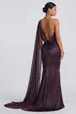 Cabernet One Shoulder Mermaid Formal Dress with Cape Sleeve