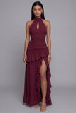 High Neck Burgundy Cut Out Ruffled Formal Dress