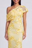 Yellow One Shoulder Floral Mermaid Long Wedding Guest Dress