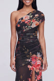 Champagne One Shoulder Floral Mermaid Wedding Guest Dress with Slit