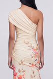 Champagne One Shoulder Floral Mermaid Wedding Guest Dress with Slit