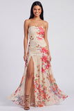 Ivory Floral Strapless Ruched Long Wedding Guest Dress with Slit