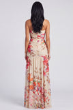 Ivory Floral Strapless Ruched Long Wedding Guest Dress with Slit