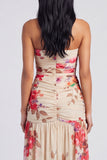 Ivory Floral Strapless Ruched Long Wedding Guest Dress with Slit