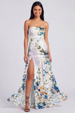 Ivory Floral Strapless Ruched Long Wedding Guest Dress with Slit