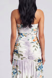 Ivory Floral Strapless Ruched Long Wedding Guest Dress with Slit