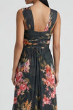 Black A Line Floral Long Wedding Guest Dress with Slit