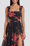 Floral Black A Line Ruched Wedding Guest Dress with Slit