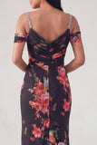 Floral Black Cold Shoulder Ruched Wedding Guest Dress