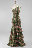 One Shoulder Mermaid Dark Green Floral Wedding Guest Dress with Slit