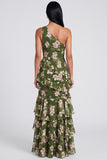 One Shoulder Mermaid Dark Green Floral Wedding Guest Dress with Slit