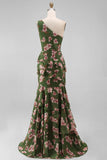 One Shoulder Mermaid Dark Green Floral Wedding Guest Dress with Slit