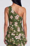 One Shoulder Mermaid Dark Green Floral Wedding Guest Dress with Slit