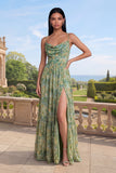 Dusty Green Cowl Neck Floral Formal Dress with Slit
