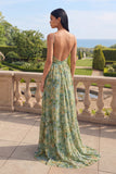 Dusty Green Cowl Neck Floral Formal Dress with Slit