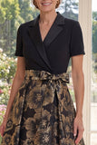 Black Floral Notched Lapel A Line Maxi Mother of the Bride Dress