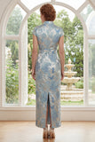 Floral Blue Cap Sleeve Mother of the Bride Dress with Sash