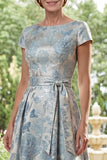 A Line Floral Blue Mother of the Bride Dress with Short Sleeves