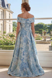 Off the Shoulder A Line Floral Blue Maxi Mother of the Bride Dress