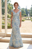 Cap Sleeve Mermaid Floral Blue Ruched Mother of the Bride Dress