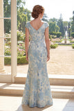 Cap Sleeve Mermaid Floral Blue Ruched Mother of the Bride Dress