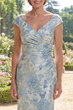 Cap Sleeve Mermaid Floral Blue Ruched Mother of the Bride Dress