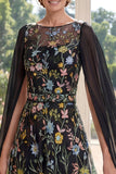 Black Floral A Line Mother of the Bride Dress with Cape Sleeves