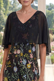 Black Floral A Line V Neck Maxi Mother of the Bride Dress