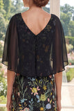 Black Floral A Line V Neck Maxi Mother of the Bride Dress