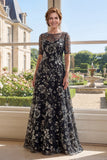 Black Short Sleeve Appliqued A Line Mother of the Bride Dress