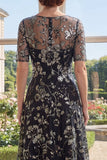 Black Short Sleeve Appliqued A Line Mother of the Bride Dress