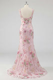 Pink Floral Sequin Square Neck Mermaid Maxi Prom Dress