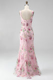 Pink Floral Sequin Square Neck Mermaid Maxi Prom Dress