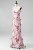 Pink Floral Sequin Square Neck Mermaid Maxi Prom Dress