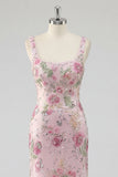Pink Floral Sequin Square Neck Mermaid Maxi Prom Dress