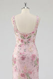 Pink Floral Sequin Square Neck Mermaid Maxi Prom Dress