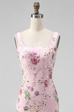 Pink Floral Sequin Square Neck Mermaid Maxi Prom Dress