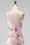 Pink Floral Sequin Square Neck Mermaid Maxi Prom Dress