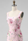 Pink Floral Sequin Square Neck Mermaid Maxi Prom Dress