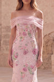 Off The Shoulder Pink Floral Sequin Mermaid Maxi Prom Dress