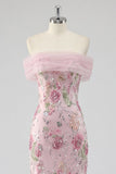 Off The Shoulder Pink Floral Sequin Mermaid Maxi Prom Dress