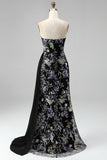 Strapless Pink Floral Sequin Mermaid Prom Dress with Side Streamer