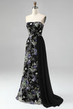 Strapless Pink Floral Sequin Mermaid Prom Dress with Side Streamer