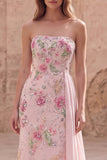 Strapless Pink Floral Sequin Mermaid Prom Dress with Side Streamer