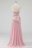Strapless Pink Floral Sequin Prom Dress with Silt
