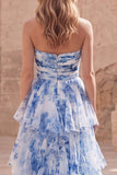 Strapless White Blue Floral Ruffled Prom Dress with Slit